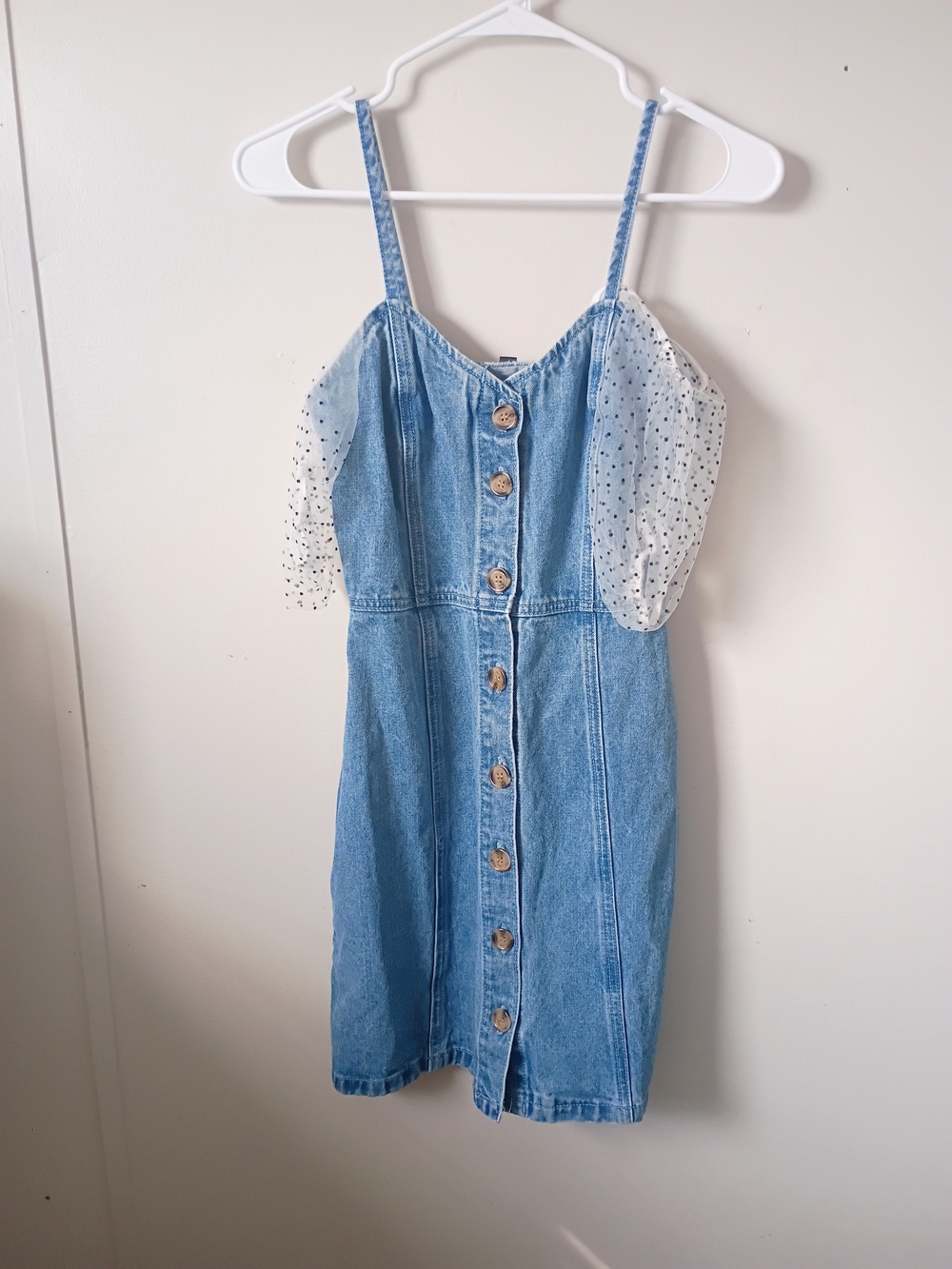 Missguided + Light Blue Denim Dress with White Polka-Dot Puff Sleeves